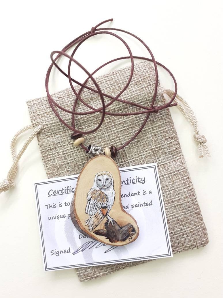 Barn Owl Hand Painted Yew Wood Pendant