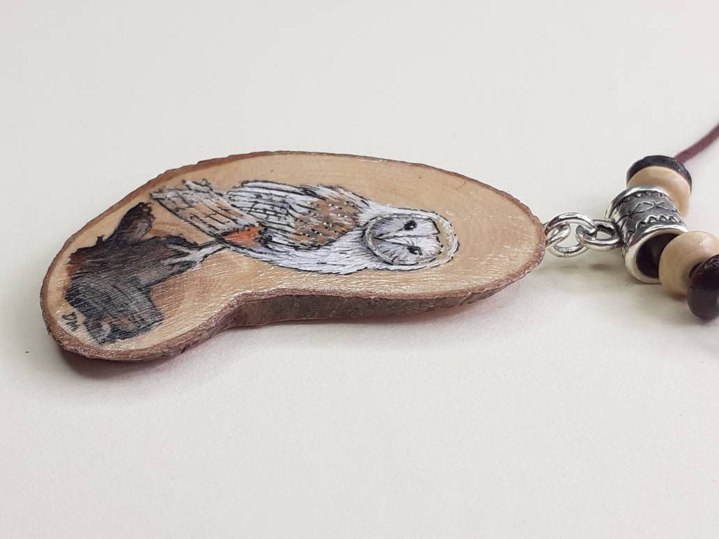Barn Owl Hand Painted Yew Wood Pendant