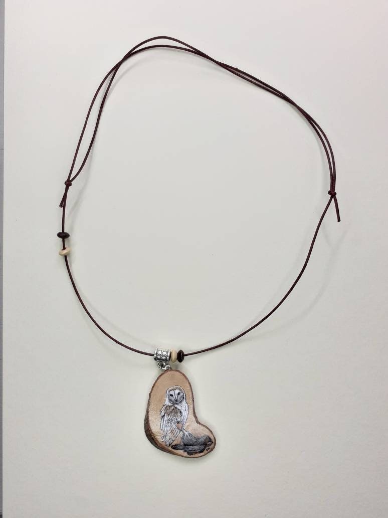Barn Owl Hand Painted Yew Wood Pendant