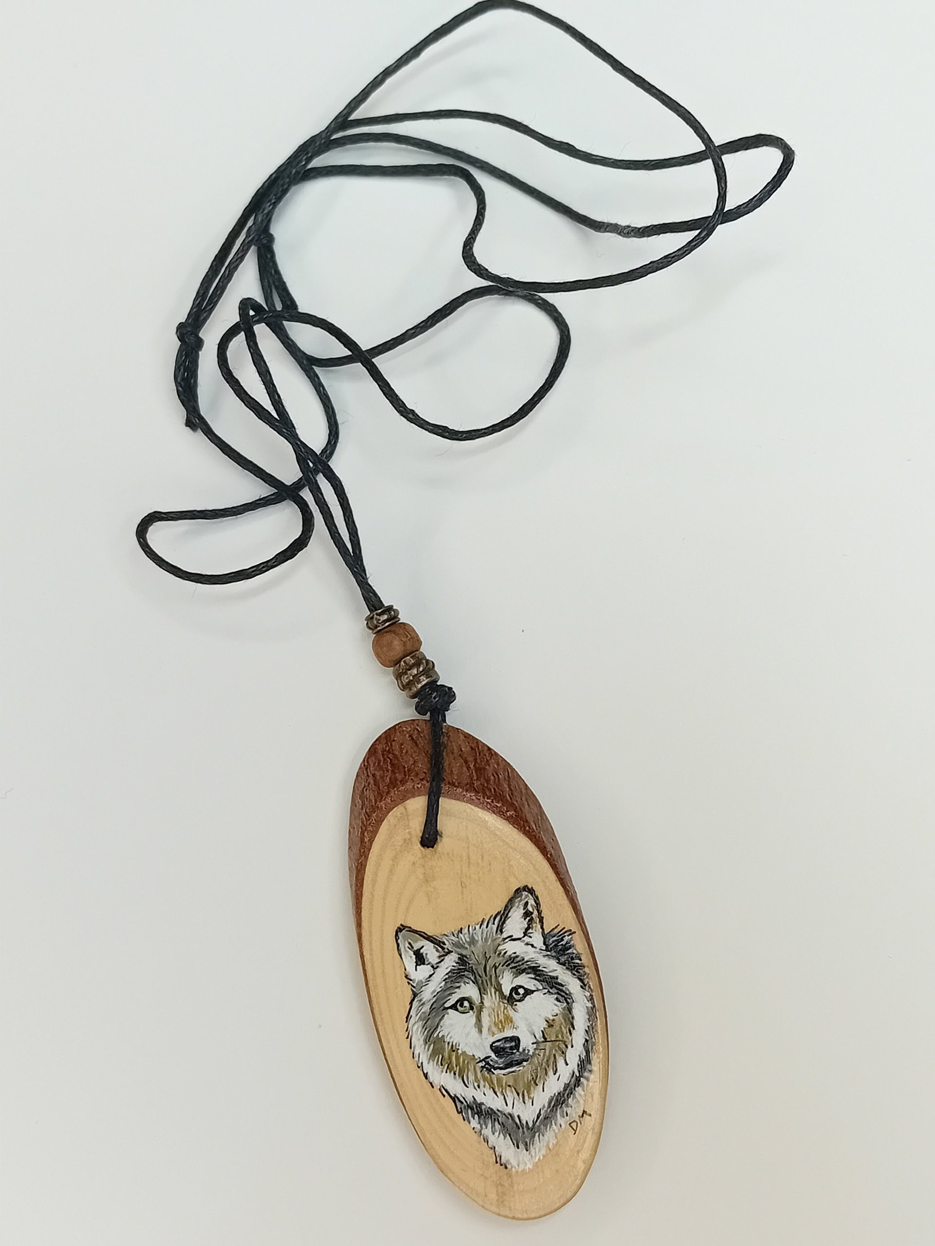 Wolf Hand Painted Yew Wood Pendant