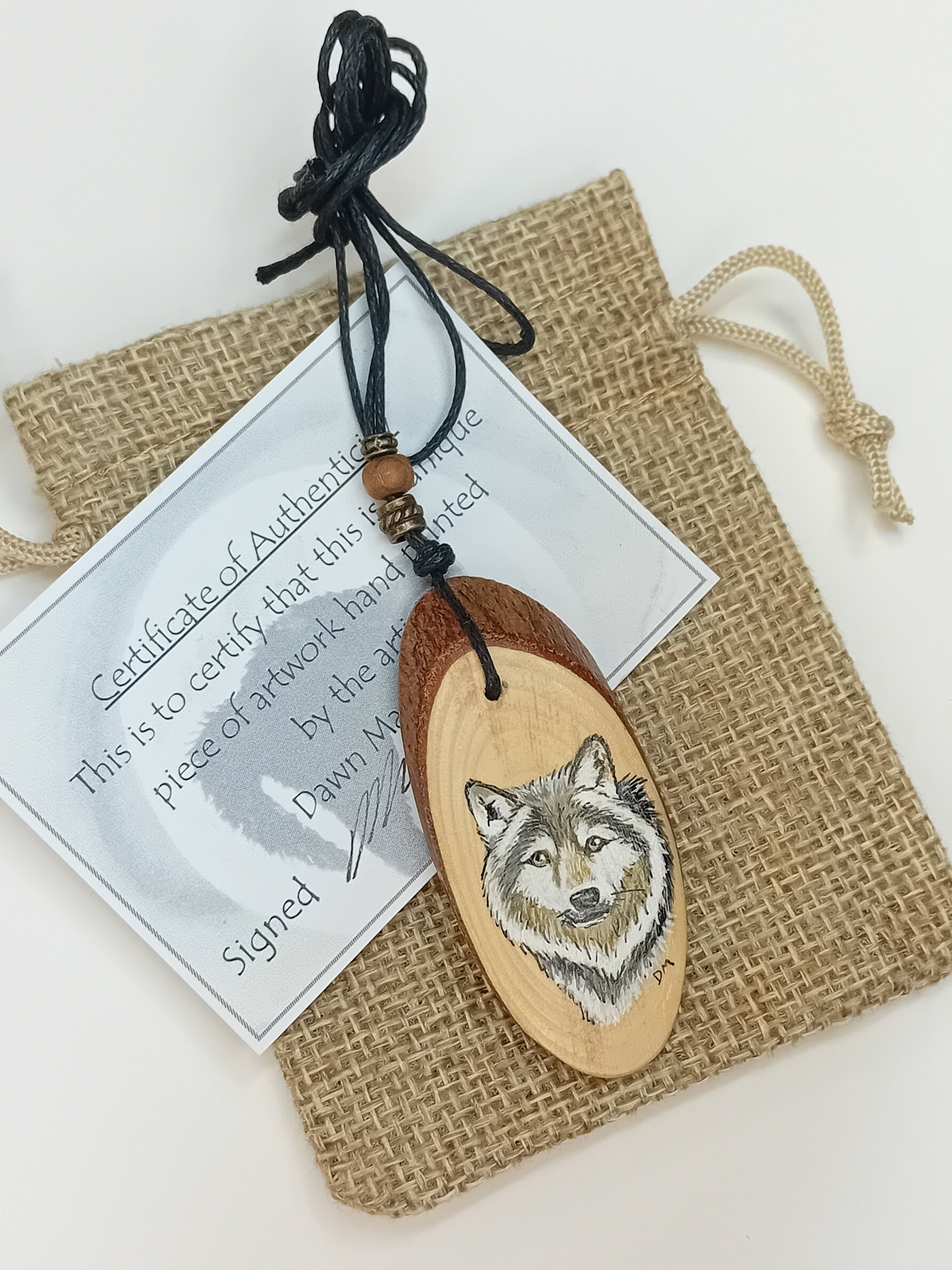 Wolf Hand Painted Yew Wood Pendant