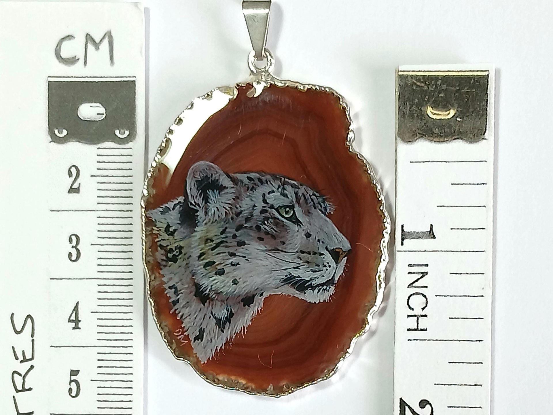 Snow Leopard Hand Painted Agate Pendant