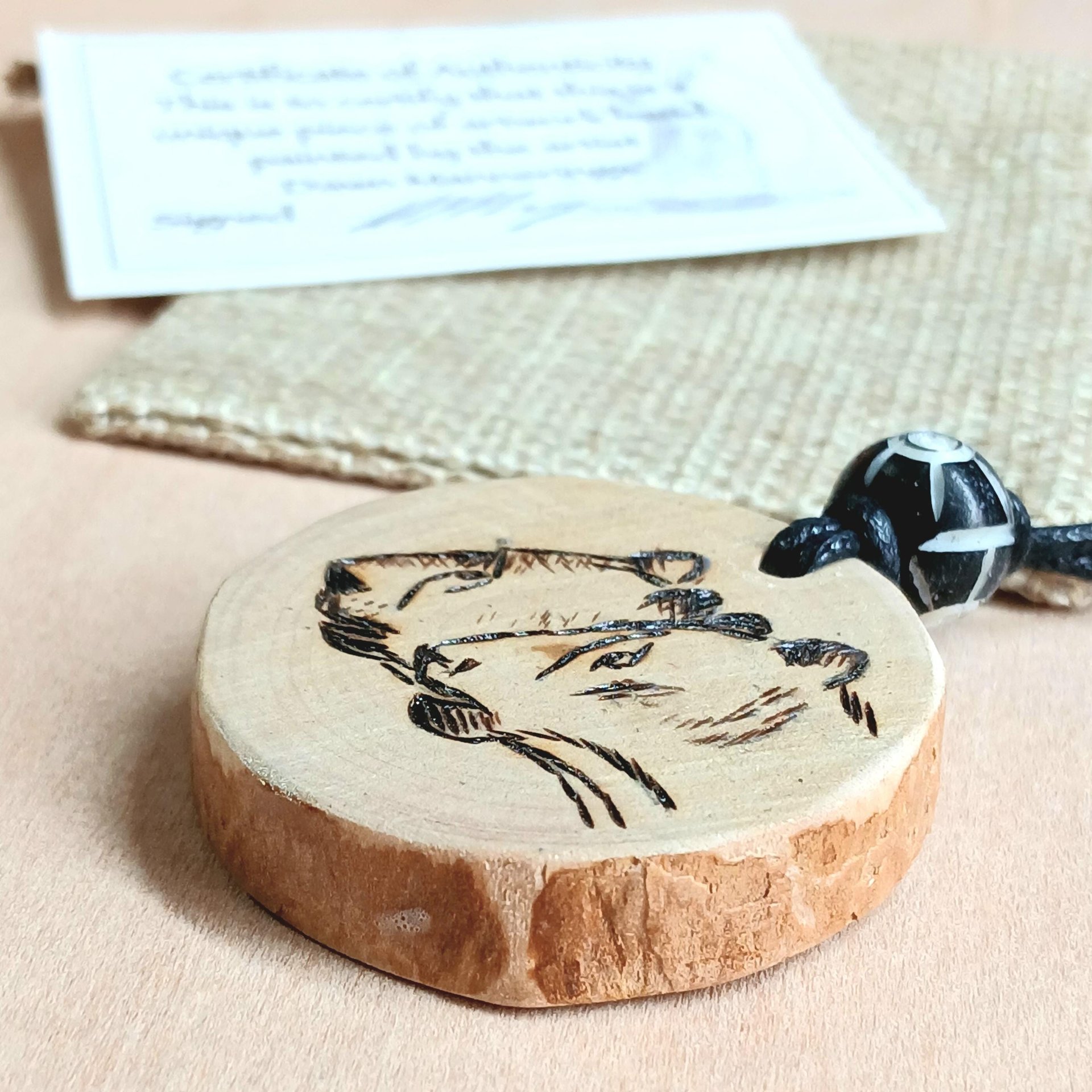 Hand Drawn Cave Lion Wood Pendant