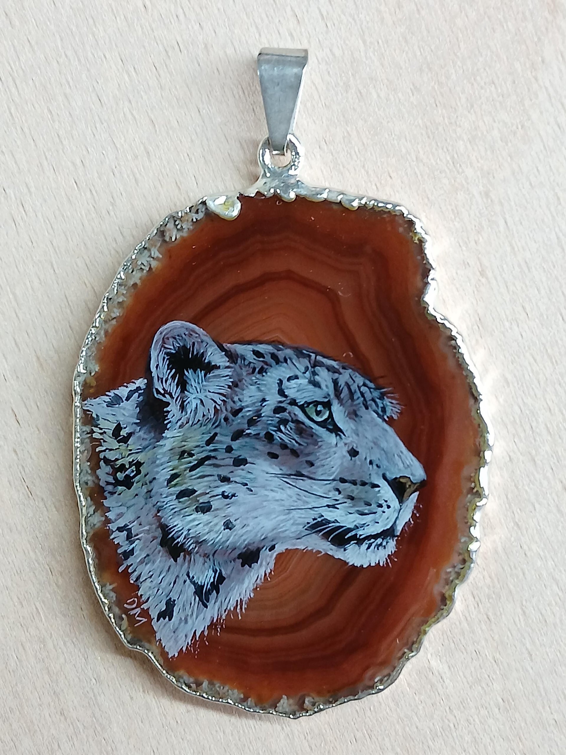 Snow Leopard Hand Painted Agate Pendant