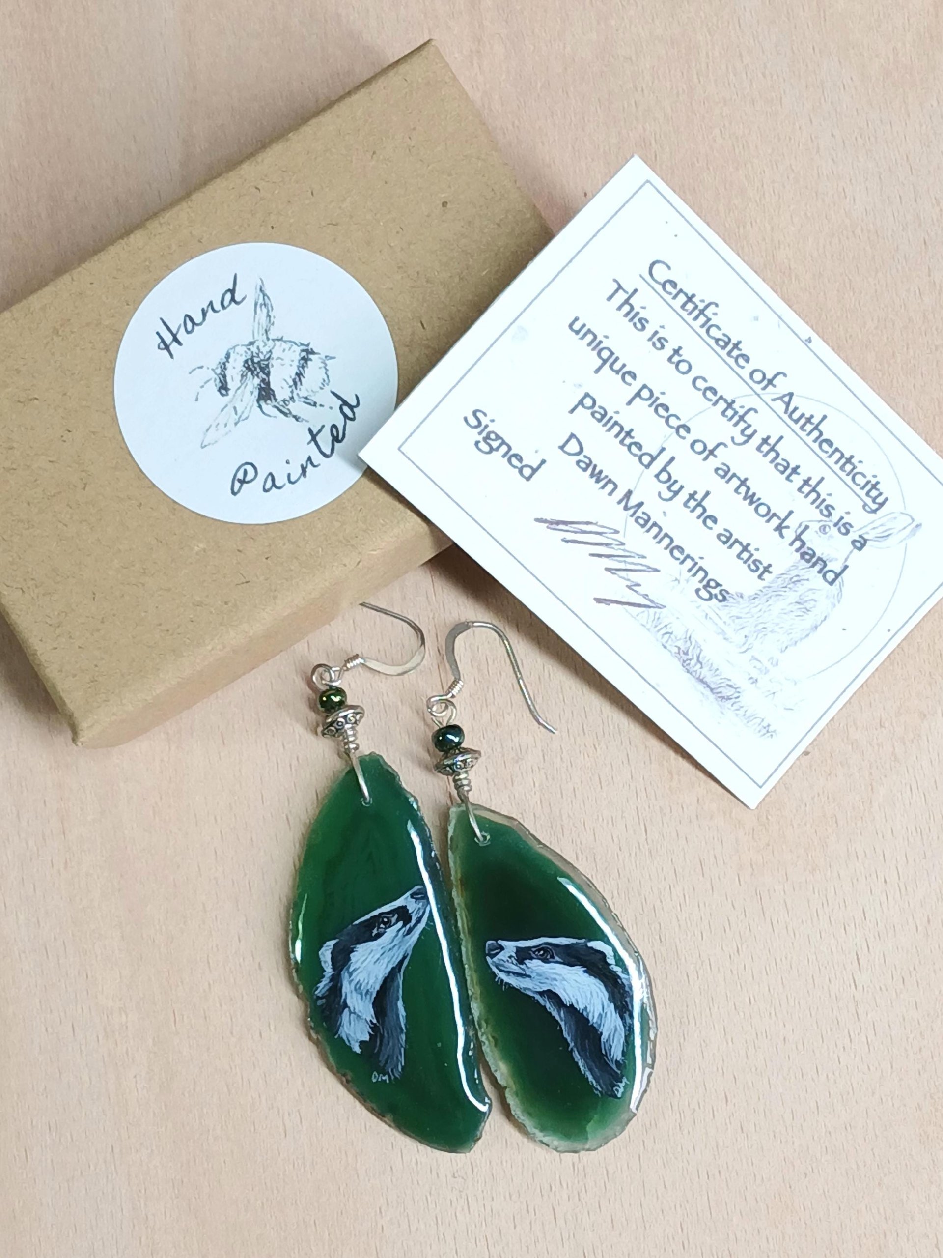 Badger Hand Painted Agate Earrings