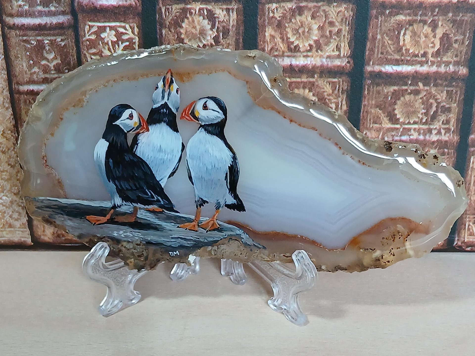 Puffins Painting on Agate