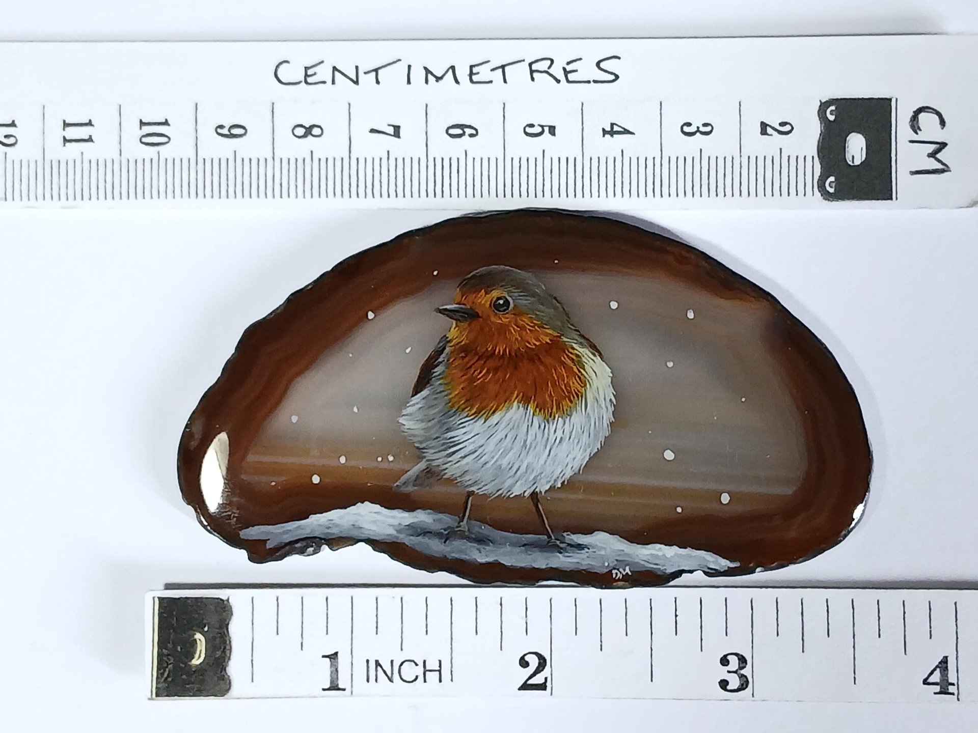 Robin in the Snow Painting on Agate