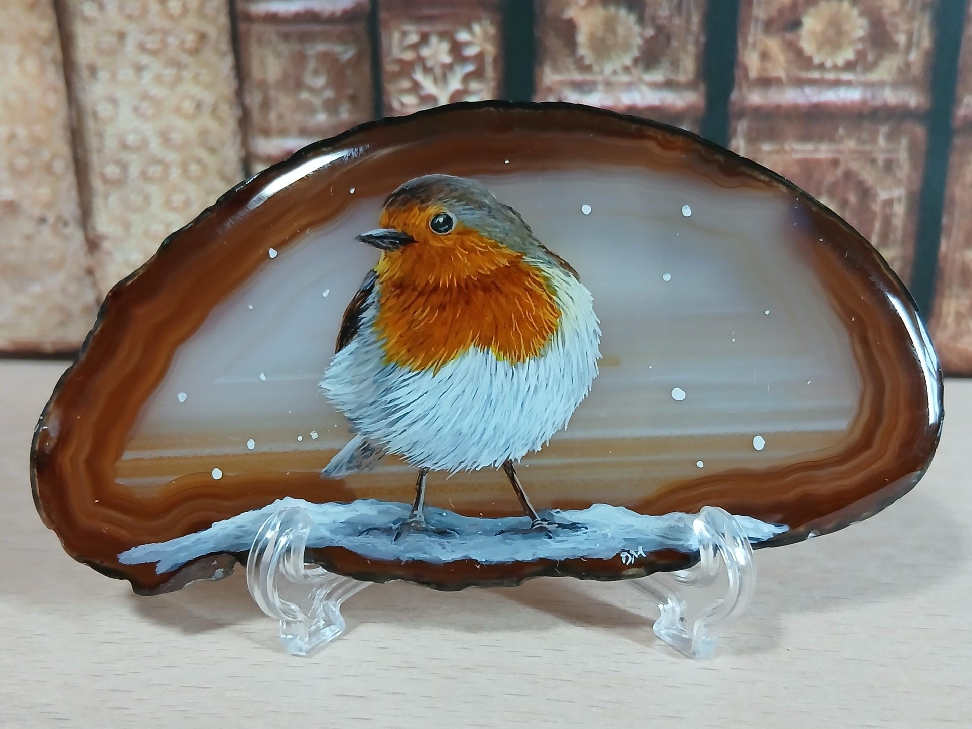 Robin in the Snow Painting on Agate