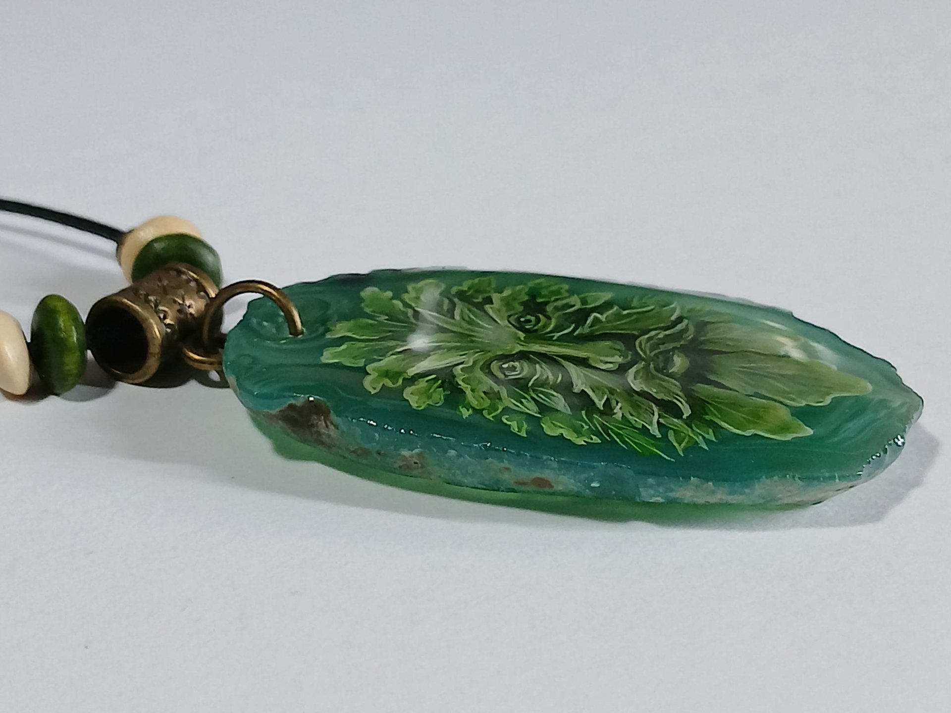Green Man Hand Painted Agate Pendant