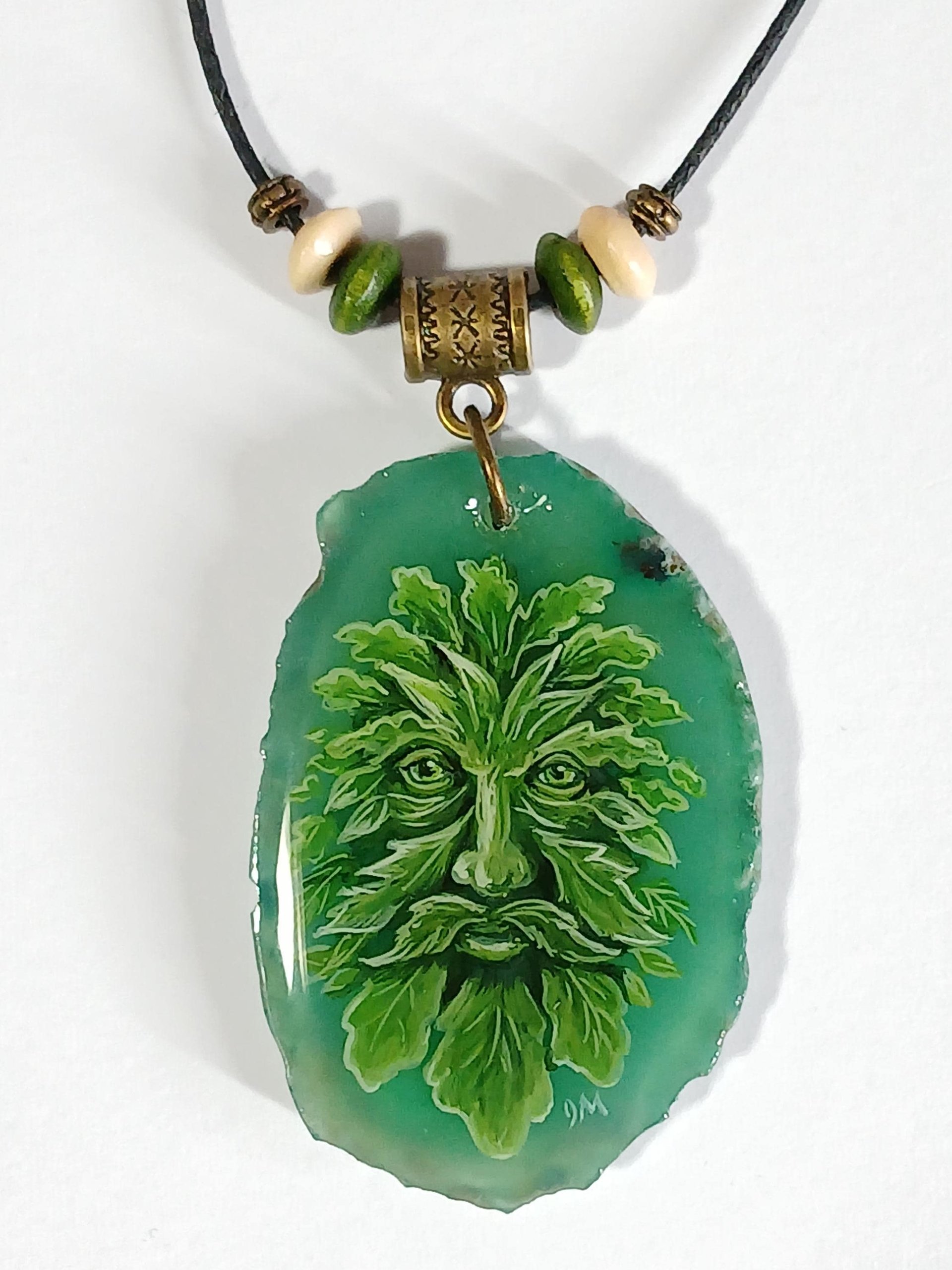 Green Man Hand Painted Agate Pendant