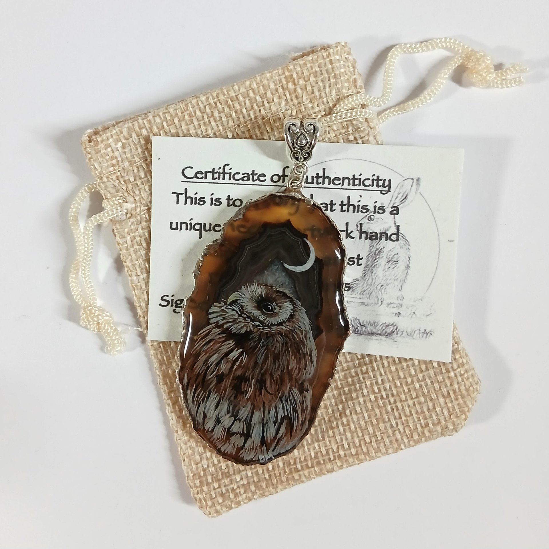 Tawny Owl Hand Painted Agate Pendant, Owl Pendant, Owl Present