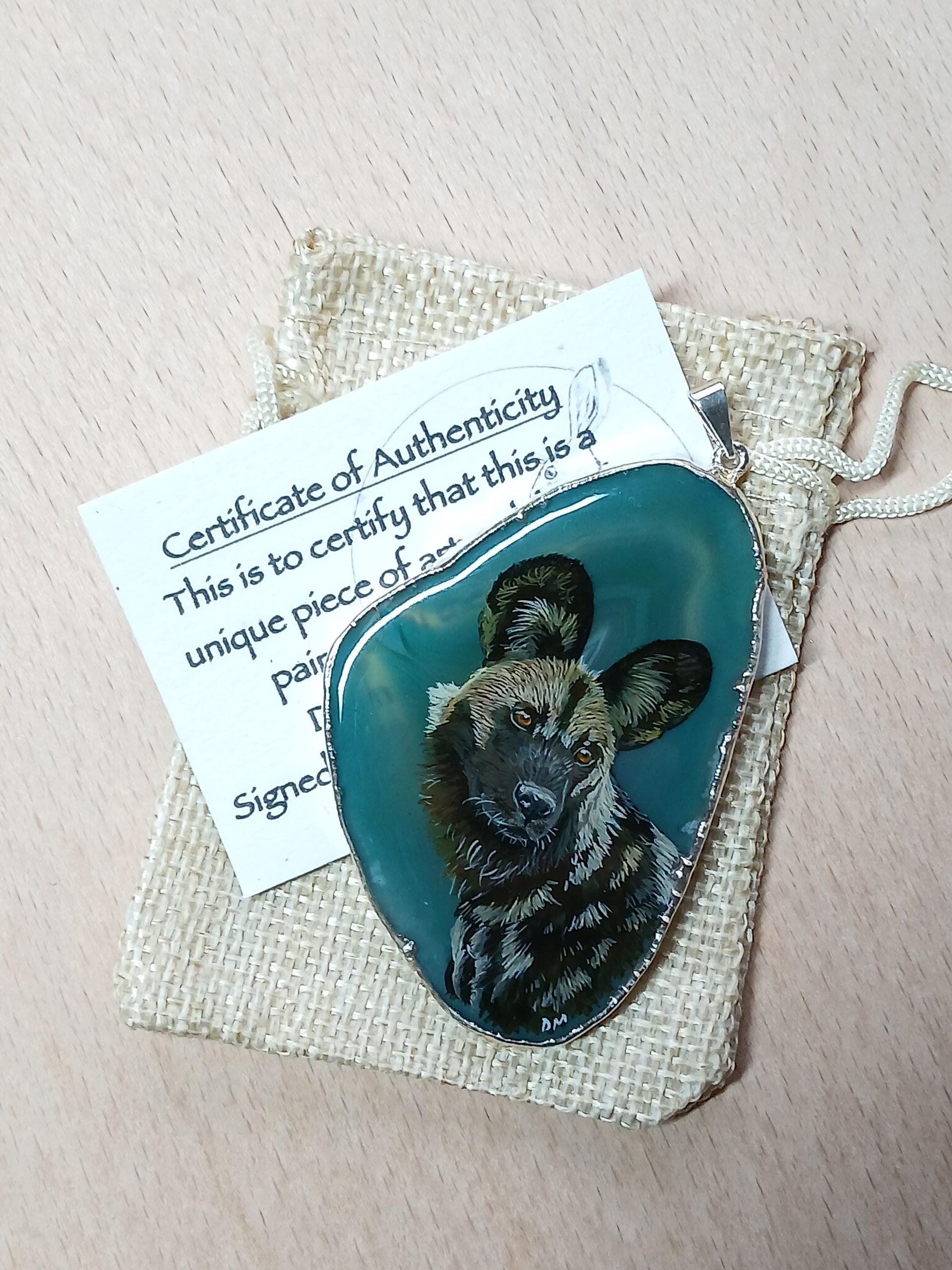 African Painted Dog Hand Painted Agate Pendant, African Wild Dog Pendant