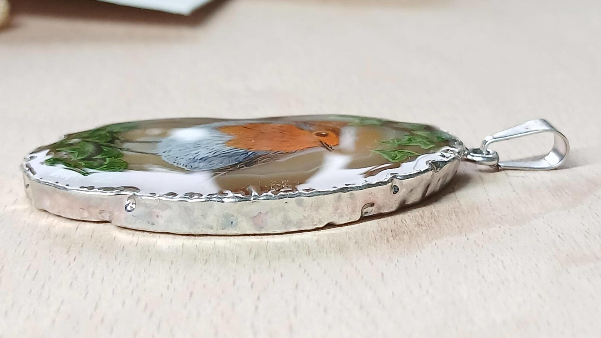 Robin Hand Painted Agate Pendant