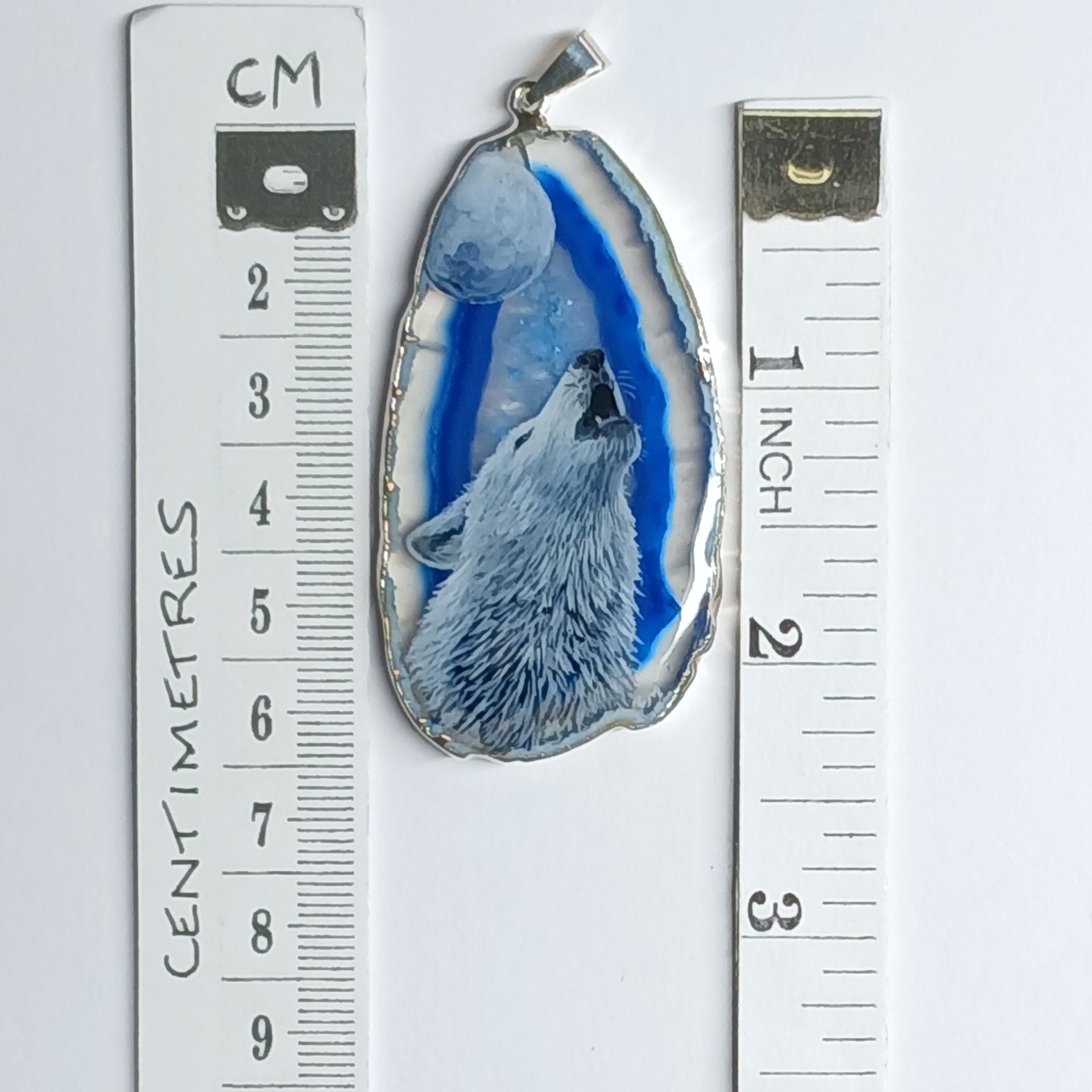 Hand Painted Howling White Wolf and Moon Agate Pendant