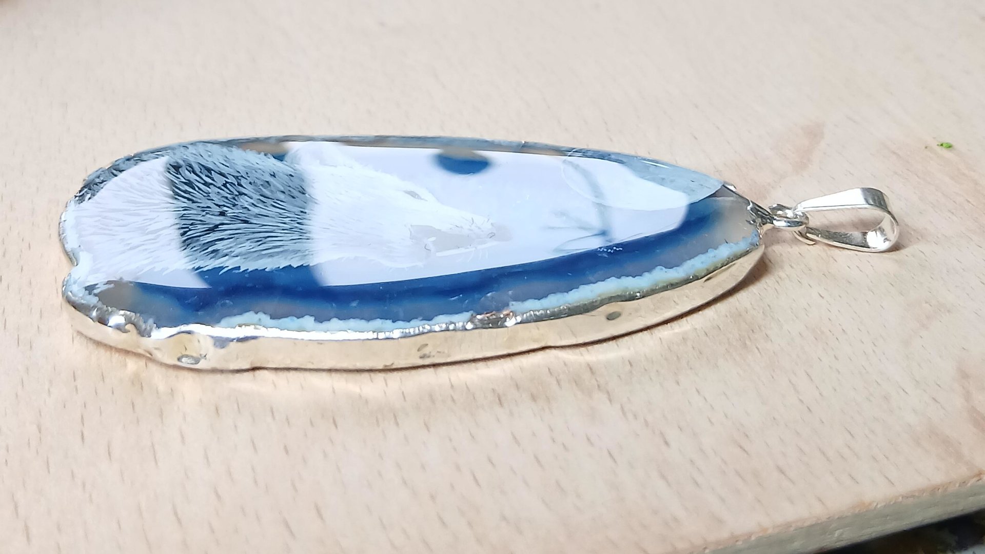 Hand Painted Howling White Wolf and Moon Agate Pendant