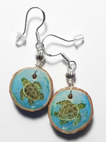 Turtle Hand Painted Wood Earrings