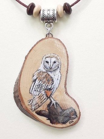 Barn Owl Hand Painted Yew Wood Pendant