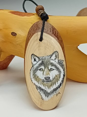 Wolf Hand Painted Yew Wood Pendant