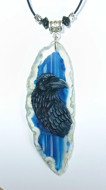 Raven Hand Painted Agate Pendant